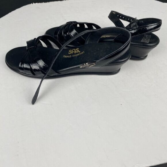 SAS Sandals Womens 6 Strippy Casual Open Toe Slingback Wedge Black Leather - Picture 4 of 13